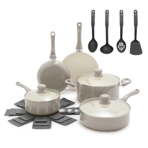 GreenLife 16-Piece Nonstick Cookware Set, Non-Toxic Ceramic Pots and Pans Set, Durable Healthy Kitchen Essentials, Fast Heating, Induction Ready, Easy Clean Dishwasher Safe, PFAS-Free, Beige Taupe - My Kitchen Products