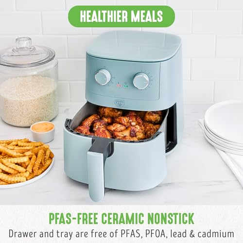 GreenLife 4.5QT Air Fryer, Mechanical Dial Controls, PFAS-Free Ceramic Nonstick Drawer, Adjustable Temp & Timer, LED Indicator, Oil-Less Cooking, Dishwasher Safe, Compact Family Size, Blue - My Kitchen Products