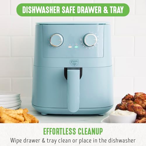 GreenLife 4.5QT Air Fryer, Mechanical Dial Controls, PFAS-Free Ceramic Nonstick Drawer, Adjustable Temp & Timer, LED Indicator, Oil-Less Cooking, Dishwasher Safe, Compact Family Size, Blue - My Kitchen Products