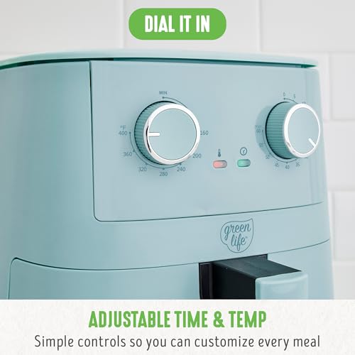 GreenLife 4.5QT Air Fryer, Mechanical Dial Controls, PFAS-Free Ceramic Nonstick Drawer, Adjustable Temp & Timer, LED Indicator, Oil-Less Cooking, Dishwasher Safe, Compact Family Size, Blue - My Kitchen Products
