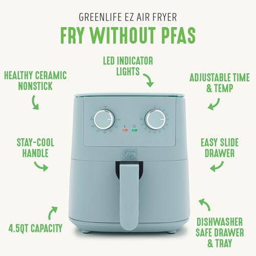 GreenLife 4.5QT Air Fryer, Mechanical Dial Controls, PFAS-Free Ceramic Nonstick Drawer, Adjustable Temp & Timer, LED Indicator, Oil-Less Cooking, Dishwasher Safe, Compact Family Size, Blue - My Kitchen Products