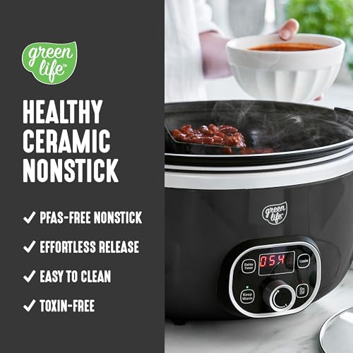GreenLife 6QT Slow Cooker, Non-Toxic PFAS-Free Ceramic Nonstick Removable Interior Bowl, Programmable, Family Friendly, Keep Warm, Stovetop & Oven Safe, Dishwasher Safe Crock, Timer, Glass Lid, Black - My Kitchen Products