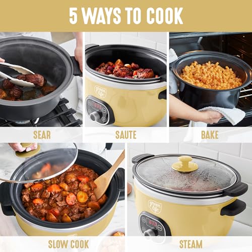 GreenLife 6QT Slow Cooker, Non-Toxic PFAS-Free Ceramic Nonstick Removable Interior Bowl, Programmable, Family Friendly, Keep Warm, Stovetop & Oven Safe, Dishwasher Safe Crock, Timer, Glass Lid, Yellow - My Kitchen Products