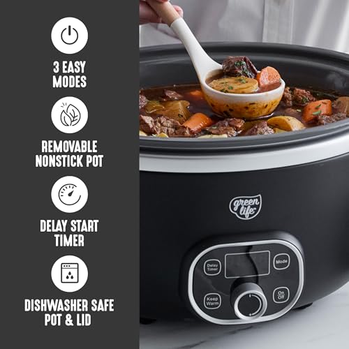 GreenLife 6QT Slow Cooker, Non-Toxic PFAS-Free Ceramic Nonstick Removable Interior Bowl, Programmable, Family Friendly, Keep Warm, Stovetop & Oven Safe, Dishwasher Safe Crock, Timer, Glass Lid, Black - My Kitchen Products