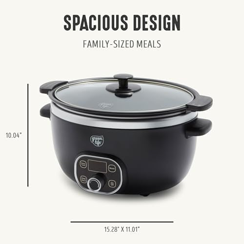 GreenLife 6QT Slow Cooker, Non-Toxic PFAS-Free Ceramic Nonstick Removable Interior Bowl, Programmable, Family Friendly, Keep Warm, Stovetop & Oven Safe, Dishwasher Safe Crock, Timer, Glass Lid, Black - My Kitchen Products