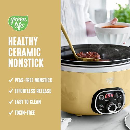 GreenLife 6QT Slow Cooker, Non-Toxic PFAS-Free Ceramic Nonstick Removable Interior Bowl, Programmable, Family Friendly, Keep Warm, Stovetop & Oven Safe, Dishwasher Safe Crock, Timer, Glass Lid, Yellow - My Kitchen Products