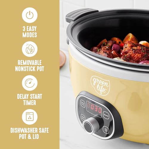 GreenLife 6QT Slow Cooker, Non-Toxic PFAS-Free Ceramic Nonstick Removable Interior Bowl, Programmable, Family Friendly, Keep Warm, Stovetop & Oven Safe, Dishwasher Safe Crock, Timer, Glass Lid, Yellow - My Kitchen Products