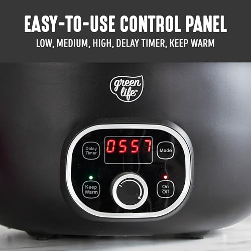 GreenLife 6QT Slow Cooker, Non-Toxic PFAS-Free Ceramic Nonstick Removable Interior Bowl, Programmable, Family Friendly, Keep Warm, Stovetop & Oven Safe, Dishwasher Safe Crock, Timer, Glass Lid, Black - My Kitchen Products