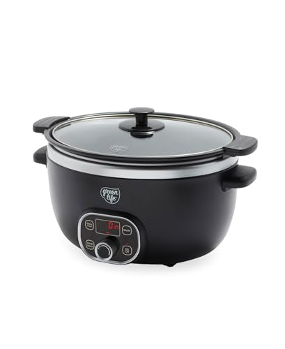 GreenLife 6QT Slow Cooker, Non-Toxic PFAS-Free Ceramic Nonstick Removable Interior Bowl, Programmable, Family Friendly, Keep Warm, Stovetop & Oven Safe, Dishwasher Safe Crock, Timer, Glass Lid, Black - My Kitchen Products