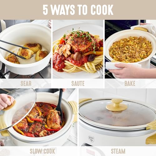 GreenLife 8QT Slow Cooker, Non-Toxic PFAS-Free Ceramic Nonstick Removable Interior Bowl, Programmable, Family Friendly, Keep Warm, Stovetop & Oven Safe, Dishwasher Safe Crock, Timer, Glass Lid, Cream - My Kitchen Products