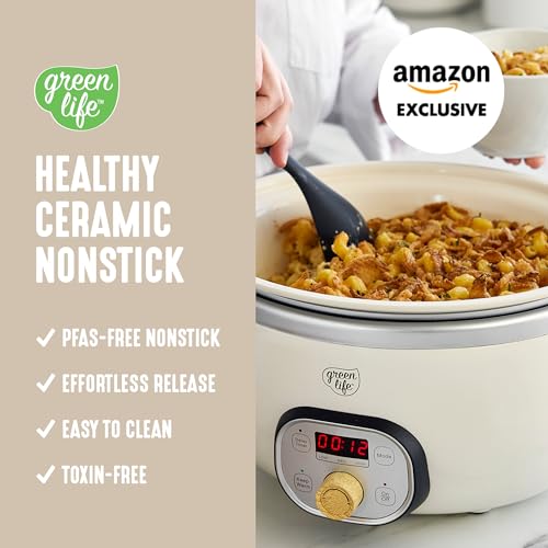 GreenLife 8QT Slow Cooker, Non-Toxic PFAS-Free Ceramic Nonstick Removable Interior Bowl, Programmable, Family Friendly, Keep Warm, Stovetop & Oven Safe, Dishwasher Safe Crock, Timer, Glass Lid, Cream - My Kitchen Products