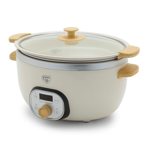 GreenLife 8QT Slow Cooker, Non-Toxic PFAS-Free Ceramic Nonstick Removable Interior Bowl, Programmable, Family Friendly, Keep Warm, Stovetop & Oven Safe, Dishwasher Safe Crock, Timer, Glass Lid, Cream - My Kitchen Products