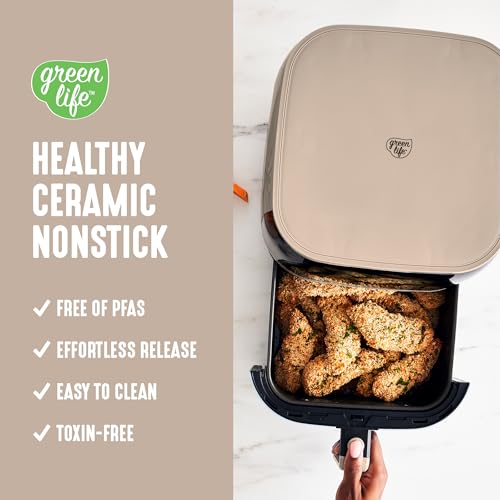 GreenLife Compact Electric Air Fryer Oven, 5.3 QT, PFAS-Free Ceramic Nonstick Drawer, 8 One Touch Digital Display, Easy View Window, Auto Shut-Off Timer, Dishwasher Safe Parts, 1500 Watts, Taupe - My Kitchen Products