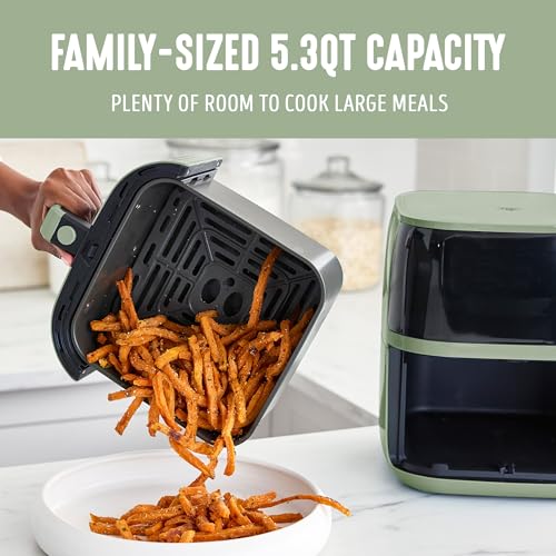 GreenLife Compact Electric Air Fryer Oven, 5.3 QT, PFAS-Free Ceramic Nonstick Drawer, 8 One Touch Digital Display, Easy View Window, Auto Shut-Off Timer, Dishwasher Safe Parts, 1500 Watts, Sage - My Kitchen Products