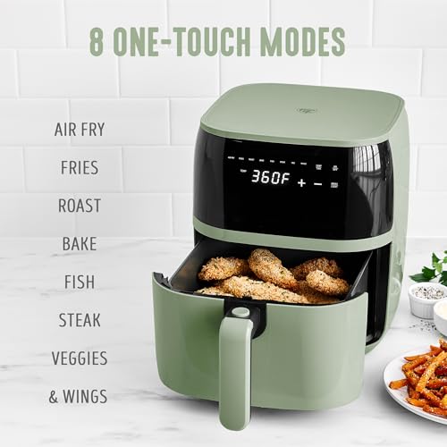 GreenLife Compact Electric Air Fryer Oven, 5.3 QT, PFAS-Free Ceramic Nonstick Drawer, 8 One Touch Digital Display, Easy View Window, Auto Shut-Off Timer, Dishwasher Safe Parts, 1500 Watts, Sage - My Kitchen Products