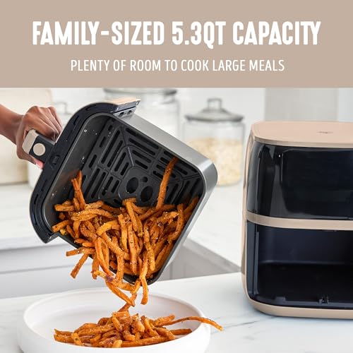 GreenLife Compact Electric Air Fryer Oven, 5.3 QT, PFAS-Free Ceramic Nonstick Drawer, 8 One Touch Digital Display, Easy View Window, Auto Shut-Off Timer, Dishwasher Safe Parts, 1500 Watts, Taupe - My Kitchen Products