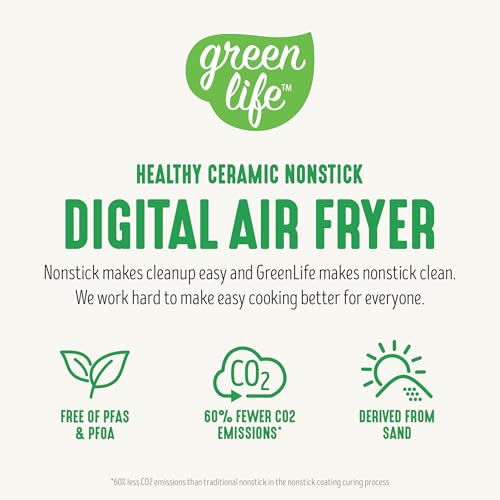 GreenLife Compact Electric Air Fryer Oven, 5.3 QT, PFAS-Free Ceramic Nonstick Drawer, 8 One Touch Digital Display, Easy View Window, Auto Shut-Off Timer, Dishwasher Safe Parts, 1500 Watts, Sage - My Kitchen Products