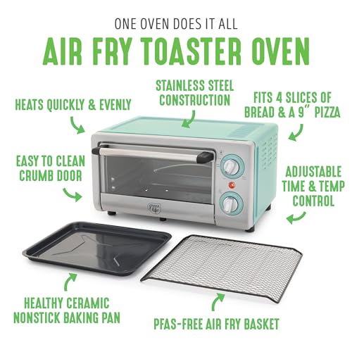 GreenLife Countertop Toaster Oven Air Fryer Stainless Steel, Healthy Ceramic Nonstick, PFAS Free, Tray & Basket, Bake, Broil, Reheat, Adjustable Temp & Time Control, Auto Shutoff, Turquoise - My Kitchen Products