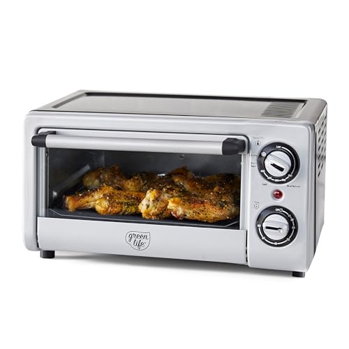 GreenLife Countertop Toaster Oven Air Fryer Stainless Steel, Healthy Ceramic Nonstick, PFAS Free, Tray & Basket, Bake, Broil, Reheat, Adjustable Temp & Time Control, Auto Shutoff, Black - My Kitchen Products