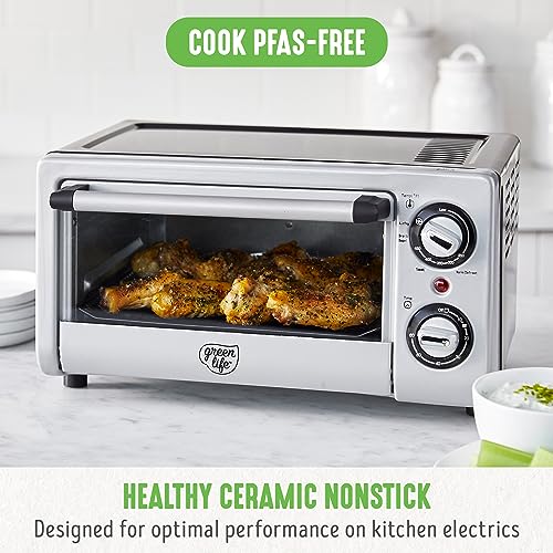 GreenLife Countertop Toaster Oven Air Fryer Stainless Steel, Healthy Ceramic Nonstick, PFAS Free, Tray & Basket, Bake, Broil, Reheat, Adjustable Temp & Time Control, Auto Shutoff, Black - My Kitchen Products