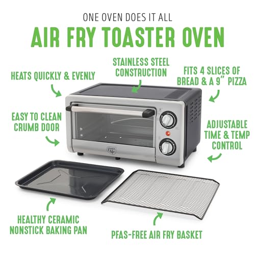 GreenLife Countertop Toaster Oven Air Fryer Stainless Steel, Healthy Ceramic Nonstick, PFAS Free, Tray & Basket, Bake, Broil, Reheat, Adjustable Temp & Time Control, Auto Shutoff, Black - My Kitchen Products