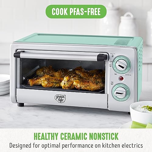 GreenLife Countertop Toaster Oven Air Fryer Stainless Steel, Healthy Ceramic Nonstick, PFAS Free, Tray & Basket, Bake, Broil, Reheat, Adjustable Temp & Time Control, Auto Shutoff, Turquoise - My Kitchen Products