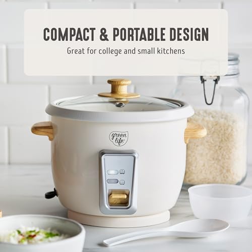 GreenLife Rice Cooker with Removable PFAS-Free Ceramic Nonstick Pot, 3-Cups Uncooked/6-Cups Cooked, Grains & Oatmeal Multicooker, Compact One-Switch Design, Auto Keep Warm, Easy Clean, Cream - My Kitchen Products