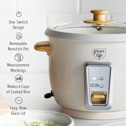 GreenLife Rice Cooker with Removable PFAS-Free Ceramic Nonstick Pot, 3-Cups Uncooked/6-Cups Cooked, Grains & Oatmeal Multicooker, Compact One-Switch Design, Auto Keep Warm, Easy Clean, Cream - My Kitchen Products