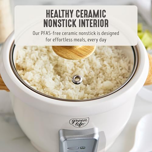 GreenLife Rice Cooker with Removable PFAS-Free Ceramic Nonstick Pot, 3-Cups Uncooked/6-Cups Cooked, Grains & Oatmeal Multicooker, Compact One-Switch Design, Auto Keep Warm, Easy Clean, Cream - My Kitchen Products