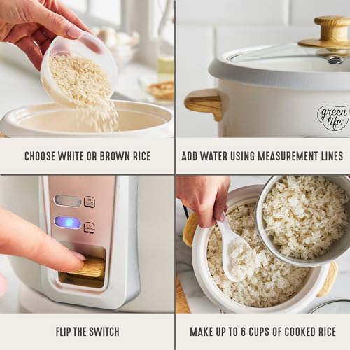 GreenLife Rice Cooker with Removable PFAS-Free Ceramic Nonstick Pot, 3-Cups Uncooked/6-Cups Cooked, Grains & Oatmeal Multicooker, Compact One-Switch Design, Auto Keep Warm, Easy Clean, Cream - My Kitchen Products