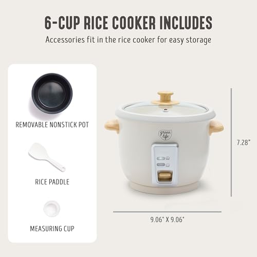 GreenLife Rice Cooker with Removable PFAS-Free Ceramic Nonstick Pot, 3-Cups Uncooked/6-Cups Cooked, Grains & Oatmeal Multicooker, Compact One-Switch Design, Auto Keep Warm, Easy Clean, Cream - My Kitchen Products