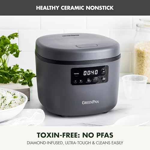 GreenPan Advanced Rice Cooker, 4-Cups Uncooked/8-Cups Cooked, Removable Nonstick Ceramic PFAS-Free Pot, White & Brown Rice, Family Sized, Quick Cook in 25mins, 6 Presets, Fuzzy Logic Tech, Graphite - My Kitchen Products