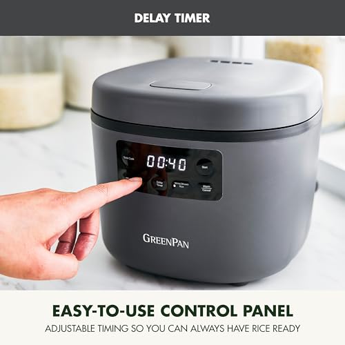 GreenPan Advanced Rice Cooker, 4-Cups Uncooked/8-Cups Cooked, Removable Nonstick Ceramic PFAS-Free Pot, White & Brown Rice, Family Sized, Quick Cook in 25mins, 6 Presets, Fuzzy Logic Tech, Graphite - My Kitchen Products