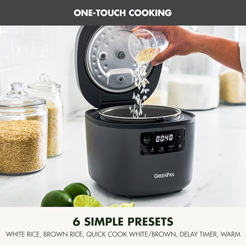 GreenPan Advanced Rice Cooker, 4-Cups Uncooked/8-Cups Cooked, Removable Nonstick Ceramic PFAS-Free Pot, White & Brown Rice, Family Sized, Quick Cook in 25mins, 6 Presets, Fuzzy Logic Tech, Graphite - My Kitchen Products