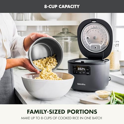 GreenPan Advanced Rice Cooker, 4-Cups Uncooked/8-Cups Cooked, Removable Nonstick Ceramic PFAS-Free Pot, White & Brown Rice, Family Sized, Quick Cook in 25mins, 6 Presets, Fuzzy Logic Tech, Graphite - My Kitchen Products