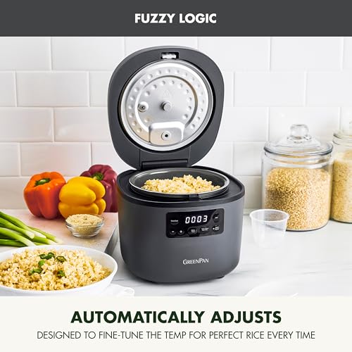 GreenPan Advanced Rice Cooker, 4-Cups Uncooked/8-Cups Cooked, Removable Nonstick Ceramic PFAS-Free Pot, White & Brown Rice, Family Sized, Quick Cook in 25mins, 6 Presets, Fuzzy Logic Tech, Graphite - My Kitchen Products
