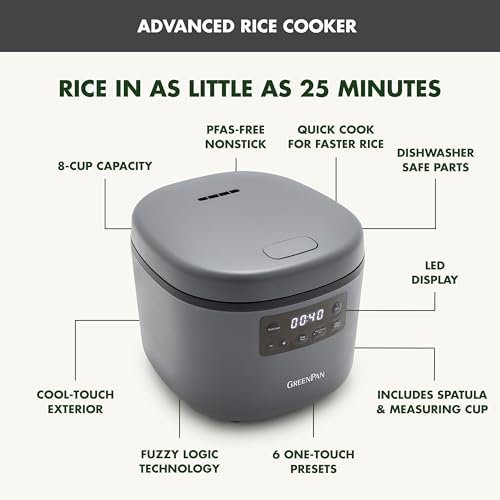 GreenPan Advanced Rice Cooker, 4-Cups Uncooked/8-Cups Cooked, Removable Nonstick Ceramic PFAS-Free Pot, White & Brown Rice, Family Sized, Quick Cook in 25mins, 6 Presets, Fuzzy Logic Tech, Graphite - My Kitchen Products