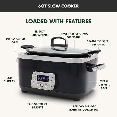 GreenPan Elite 14-in-1 Nonstick 6QT Electric Slow Cooker, PFAS-Free Ceramic Multi-Cooker, In-Pot Browning, Dishwasher Safe Lid & Removable Crock, Stainless Steel Steamer, Silicone Handles, Black - My Kitchen Products