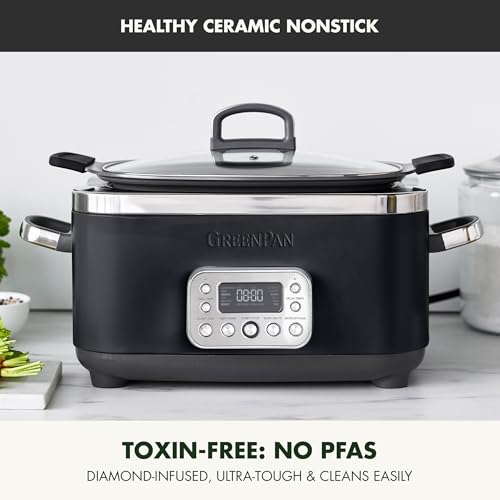 GreenPan Elite 14-in-1 Nonstick 6QT Electric Slow Cooker, PFAS-Free Ceramic Multi-Cooker, In-Pot Browning, Dishwasher Safe Lid & Removable Crock, Stainless Steel Steamer, Silicone Handles, Black - My Kitchen Products