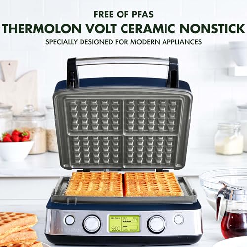 GreenPan Elite 4-Square Belgian & Classic Waffle Maker,Healthy Ceramic Nonstick Dishwasher Safe Plates, Adjustable Shade/Crunch Control, Wont Overflow, Easy Cleanup Breakfast, PFAS-Free, White - My Kitchen Products