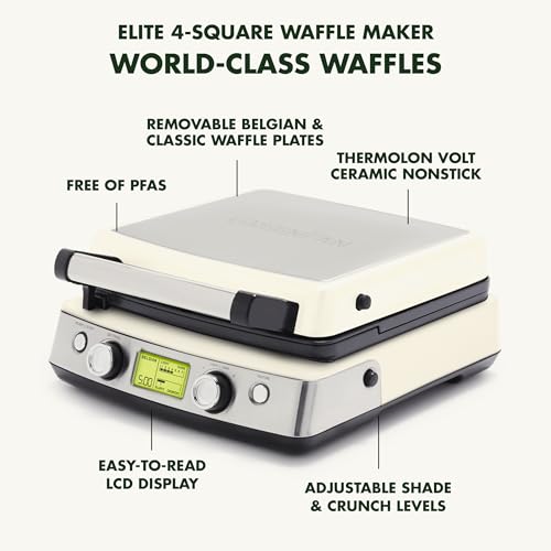 GreenPan Elite 4-Square Belgian & Classic Waffle Maker,Healthy Ceramic Nonstick Dishwasher Safe Plates, Adjustable Shade/Crunch Control, Wont Overflow, Easy Cleanup Breakfast, PFAS-Free, White - My Kitchen Products