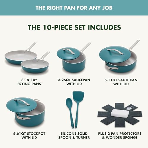 GreenPan Nova 10-Piece Cookware Pots & Pans Set, Oprah’s Favorite Things 2024, PFAS-Free Ceramic Nonstick, Fry, Sauté, Stockpot, Utensils, Lids, Induction Suitable, Dishwasher & Oven Safe, Deep Teal - My Kitchen Products