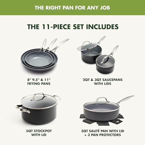 GreenPan Valencia Pro Ceramic Nonstick 11 Piece Cookware Set, Hard Anodized PFAS-Free Pots & Pans, Induction Ready, Compatible on All Cooktops, Dishwasher Safe, Oven Safe to 600F, Gray - My Kitchen Products