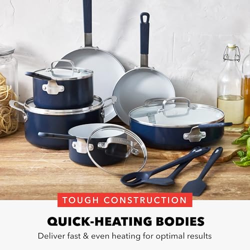 GreenPan x Bobby Flay 13 Piece Nonstick Cookware Pots and Pans Set, PFAS-Free Diamond Ceramic, Induction Suitable, Easy Clean Dishwasher & Oven Safe, Stay-Cool Silicone Handles, Glass Lids, Navy Blue - My Kitchen Products