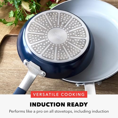 GreenPan x Bobby Flay 13 Piece Nonstick Cookware Pots and Pans Set, PFAS-Free Diamond Ceramic, Induction Suitable, Easy Clean Dishwasher & Oven Safe, Stay-Cool Silicone Handles, Glass Lids, Navy Blue - My Kitchen Products