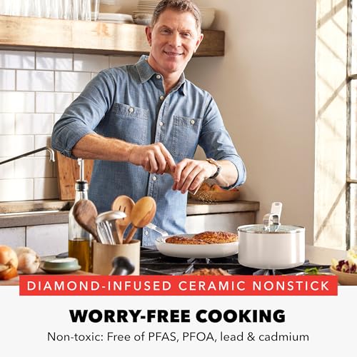 GreenPan x Bobby Flay 13 Piece Nonstick Cookware Pots and Pans Set, PFAS-Free Diamond Ceramic, Induction Suitable, Easy Clean Dishwasher & Oven Safe, Stay-Cool Silicone Handles, Glass Lids, Cream - My Kitchen Products