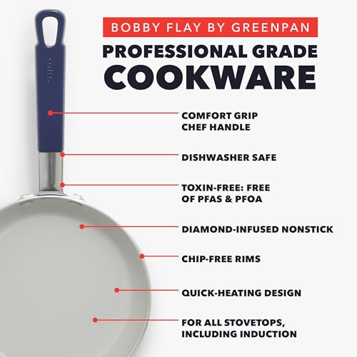 GreenPan x Bobby Flay 13 Piece Nonstick Cookware Pots and Pans Set, PFAS-Free Diamond Ceramic, Induction Suitable, Easy Clean Dishwasher & Oven Safe, Stay-Cool Silicone Handles, Glass Lids, Navy Blue - My Kitchen Products