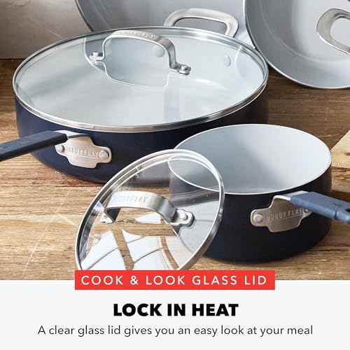 GreenPan x Bobby Flay 13 Piece Nonstick Cookware Pots and Pans Set, PFAS-Free Diamond Ceramic, Induction Suitable, Easy Clean Dishwasher & Oven Safe, Stay-Cool Silicone Handles, Glass Lids, Navy Blue - My Kitchen Products