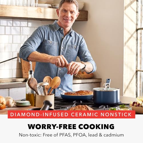 GreenPan x Bobby Flay 13 Piece Nonstick Cookware Pots and Pans Set, PFAS-Free Diamond Ceramic, Induction Suitable, Easy Clean Dishwasher & Oven Safe, Stay-Cool Silicone Handles, Glass Lids, Navy Blue - My Kitchen Products