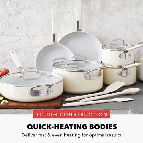 GreenPan x Bobby Flay 13 Piece Nonstick Cookware Pots and Pans Set, PFAS-Free Diamond Ceramic, Induction Suitable, Easy Clean Dishwasher & Oven Safe, Stay-Cool Silicone Handles, Glass Lids, Cream - My Kitchen Products